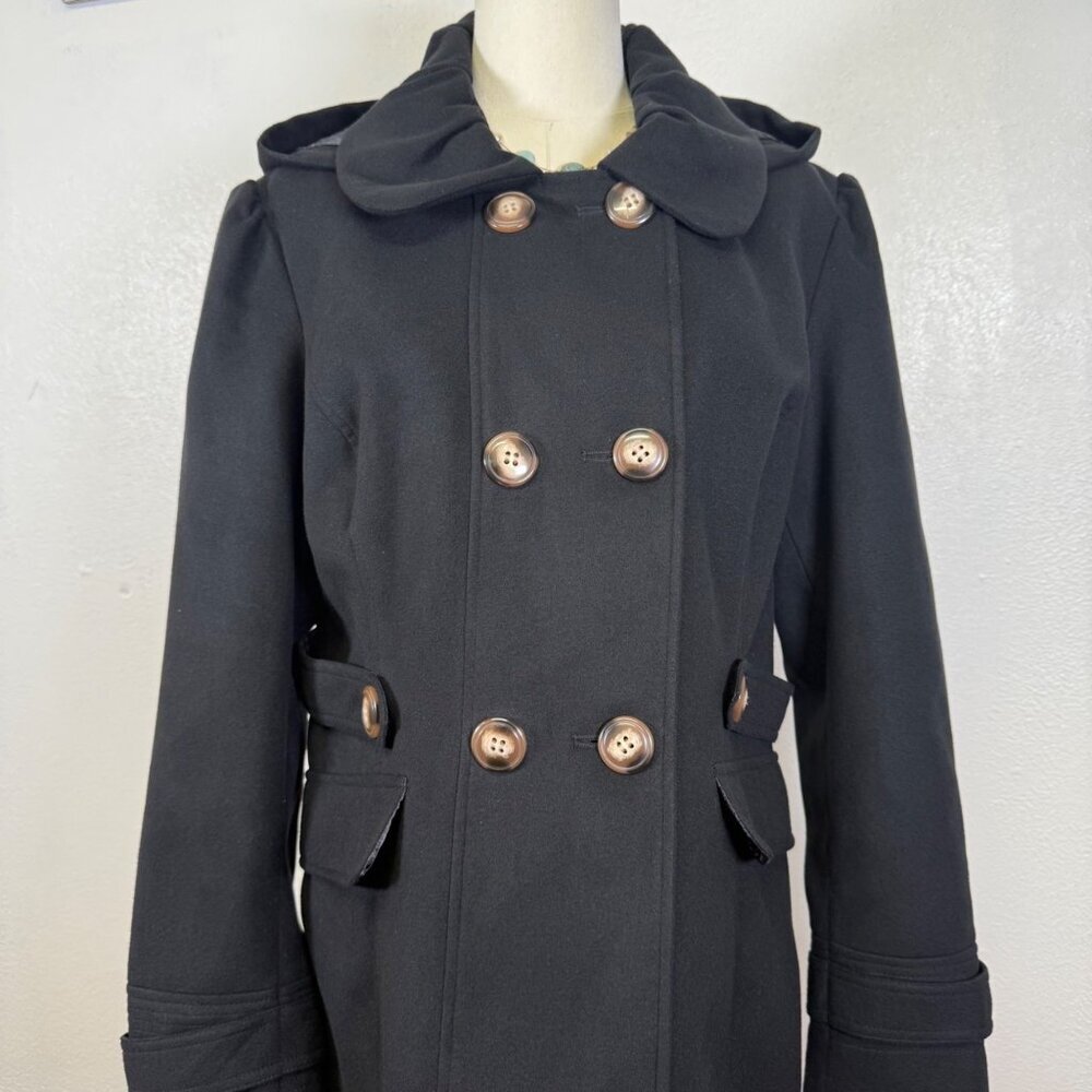 PINK ENVELOPE Womens Long Sleeve Button Front PeaCoat Jacket Black Hooded - Picture 8 of 13